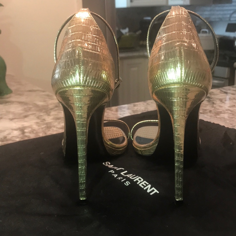 😍BRAND NEW-Saint Laurent Gold Open Toe Heels - Picture 3 of 7
